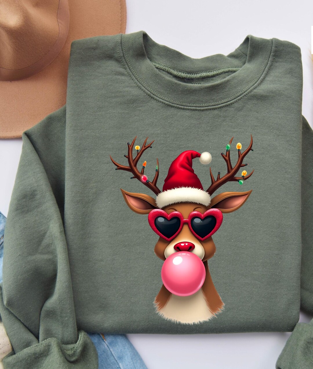 Funny Reindeer Christmas Sweatshirt: Blowing Bubble Holiday