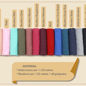 May include: A color chart of fabric swatches in various colors, including white, pink, heather mint, heather olive, heather mauve, heather raspberry, heather maroon, red, heather true royal, heather deep teal, heather navy, athletic heather, dark grey heather, and black. The text "MATERIAL" is written in black on a tan background, followed by "Solid colors are %100 cotton. Heathers are %52 cotton %48 polyester."