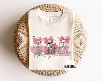 Spooky Season T-Shirt, Cute Skeleton with Bow Tee, Girly Halloween Shirt, Pink Skeleton Aesthetic, Spooky but Cute Top