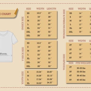 Pu&ograve; includere: Tabella delle taglie per t-shirt con misure in pollici. La tabella include taglie per unisex, racerback da donna, scollo a V, bambino piccolo e bambino.