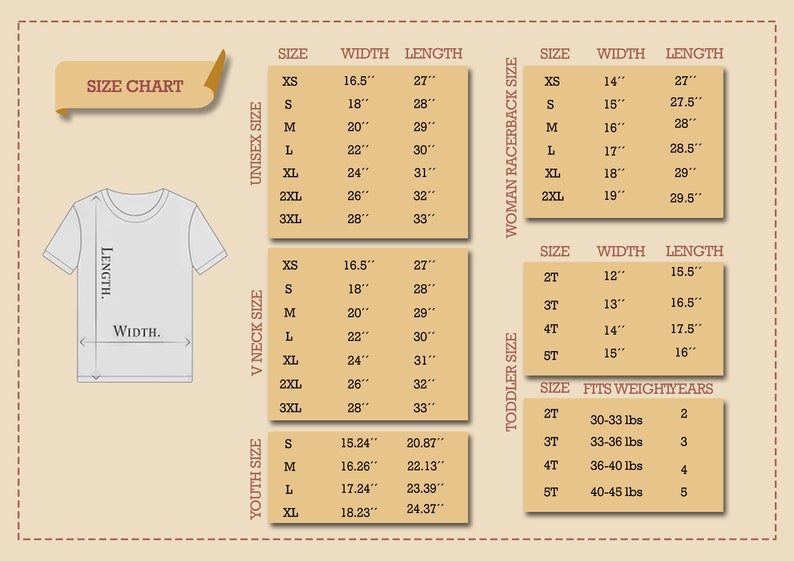 Pu&ograve; includere: Tabella delle taglie per t-shirt con misure in pollici. La tabella include taglie per unisex, racerback da donna, scollo a V, bambino piccolo e bambino.