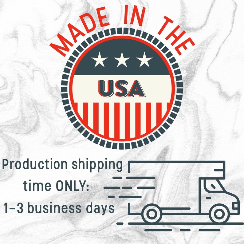 May include: A red, white and blue circular sticker with the text "MADE IN THE USA" and three stars. The sticker is on a white background with a grey marble pattern.