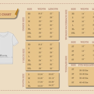 May include: Size chart for t-shirts with measurements in inches. The chart includes sizes for unisex, women's racerback, v-neck, toddler, and youth sizes.