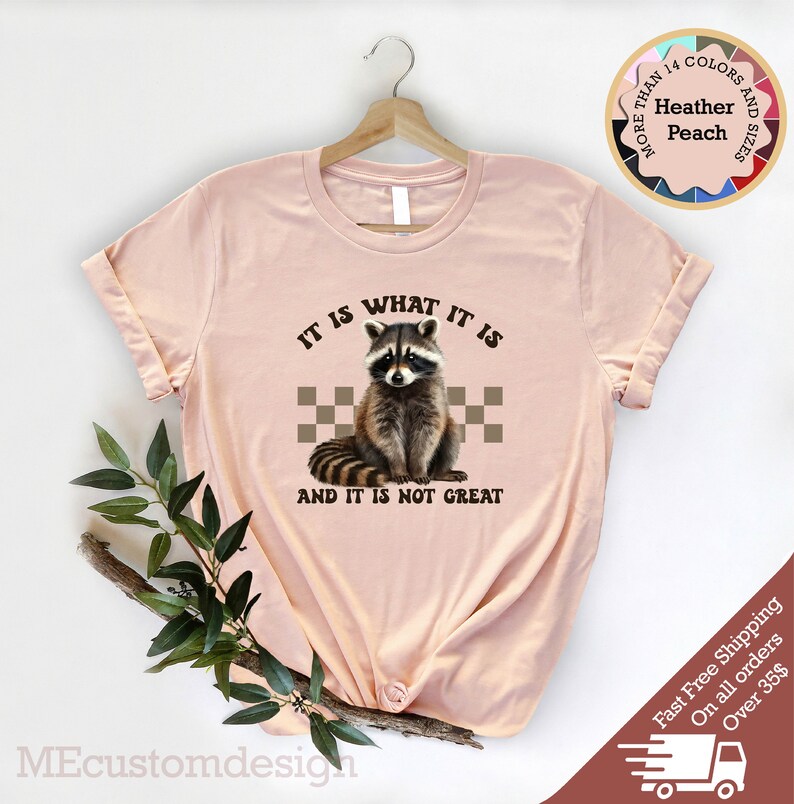 Pu&ograve; includere: Una maglietta rosa con un'immagine di un procione e il testo "IT IS WHAT IT IS AND IT IS NOT GREAT".