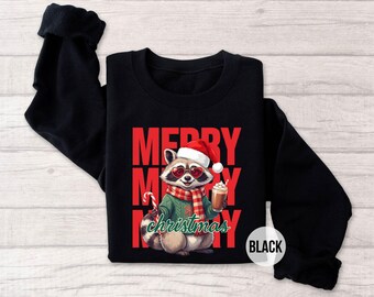 Christmas Raccoon Sweatshirt, Merry Christmas Crewneck, Cute Raccoon Sweater, Raccoon Lover Gift, Holiday Sweatshirt, Christmas Gift