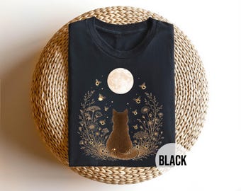 Moon Cat Shirt, Celestial Cat Shirt, Firefly Cat Tee, Cat Lover Gift, Cottagecore Cat Shirt, Floral Cat Tee, Night Sky Cat Shirt