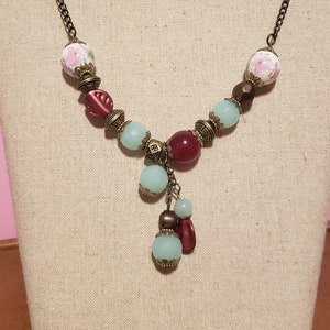 Yves Rocher Beaded Necklace signed LBVYR Vintage Glass and Ceramic Beaded Y shaped Tassel Neklace