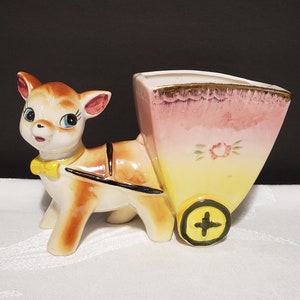 Vintage Calf Planter, Calf Pulling Cart Figurine