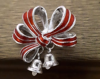 Ribbon Bells Brooch Christmas Red Silver Tone Vintage