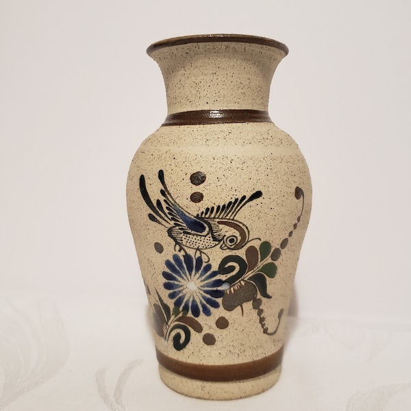 Mexican Folk Art Tonala Pottery Vase Signed.  Vintage Sandstone Bird Vase
