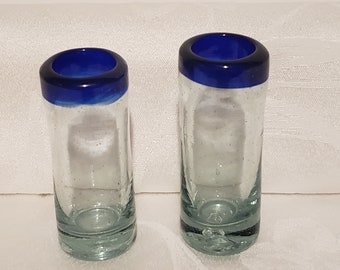 Mexican Tequila Shot Glasses Hand Blown Blue Rim Set of 2