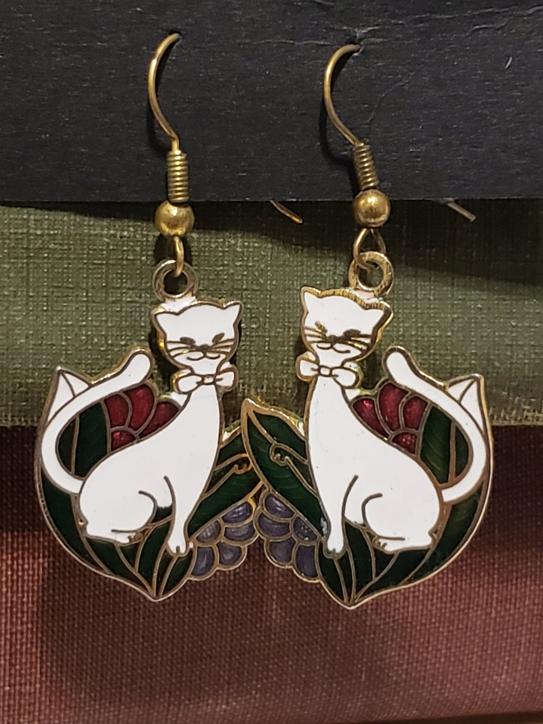Cloisonne White Dangle Cat Earrings Vintage Etsy UK