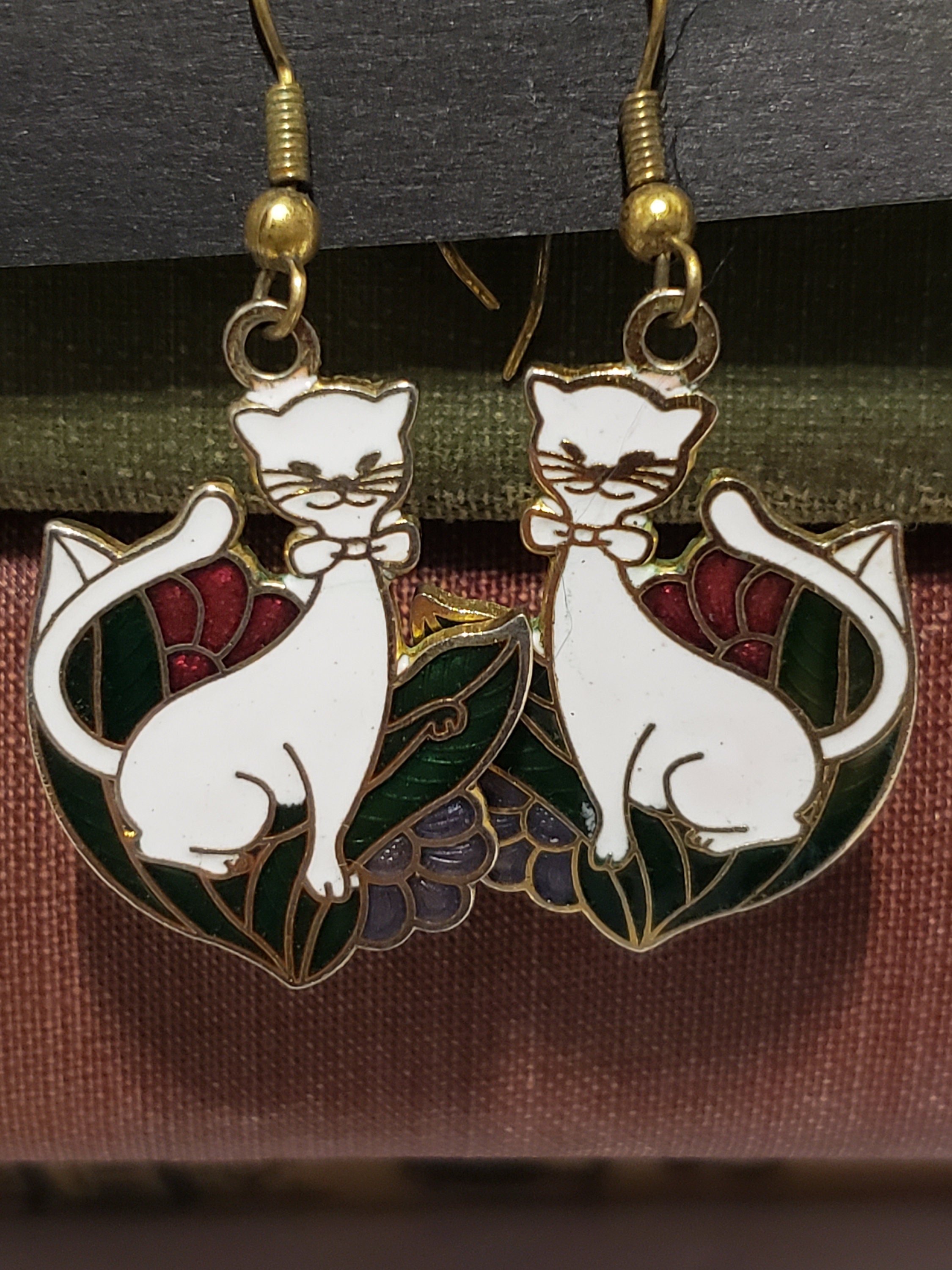 Cloisonne White Dangle Cat Earrings Vintage Etsy UK
