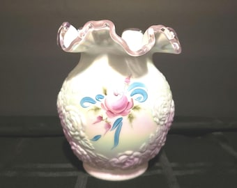 Fenton White Victorian Language of Flowers Vase Roses with pink crest Signed R. Kelley