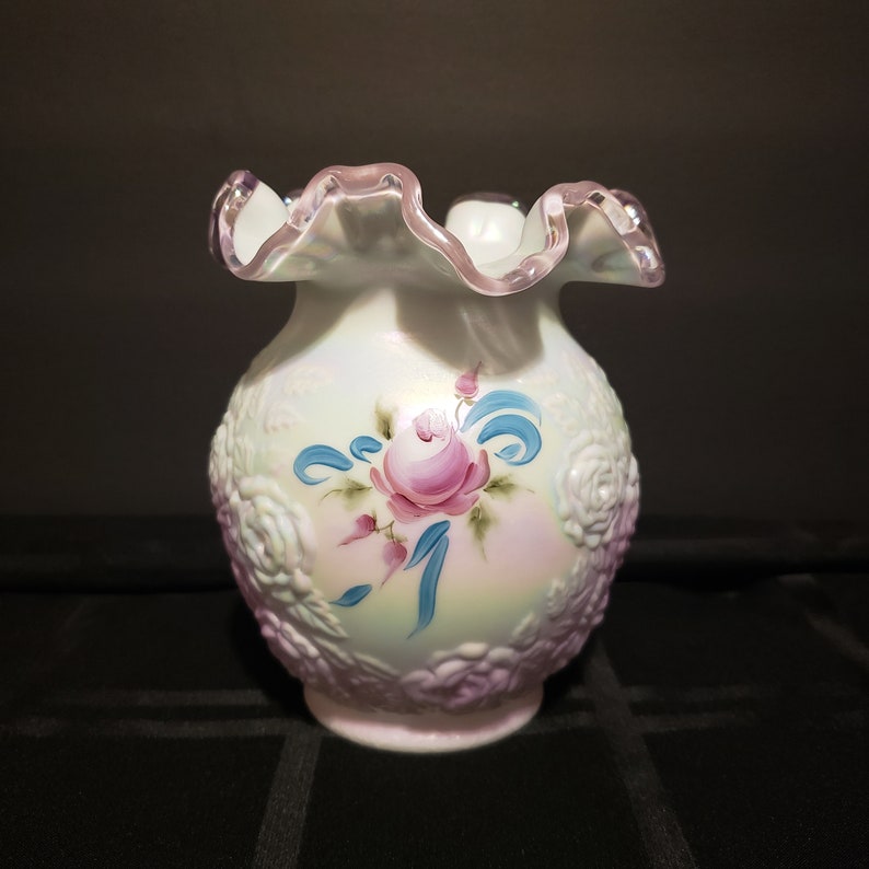 Fenton White Victorian Language of Flowers Vase Roses With Pink Crest