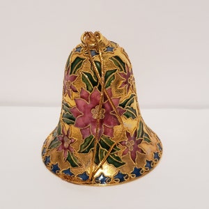 Vintage Cloisonne Bell Christmas Ornament Poinsettia Flowers