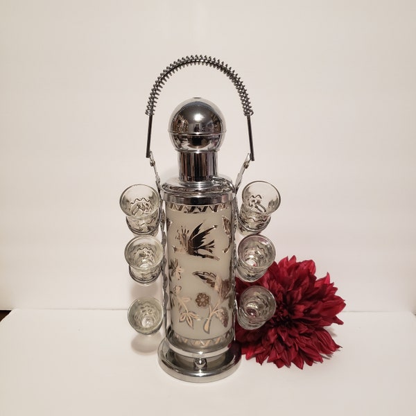 Vintage1940's Glenshaw Glassworks Pump Decanter 6 glasses Caddy Set