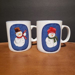 Vintage Snowman Mugs Pair Christmas Coffee Cups Holiday Hot Chocolate Mugs