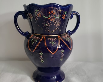 Vintage Cobalt Blue Hand Painted Double Handled Vase Japan