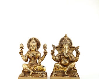 Conjunto de estátuas de Ganesha Lakshmi em latão | Ídolos de deuses hindus para sala de Pooja | Decoração tradicional indiana para casa | Presente de Diwali | Murti divino em latão