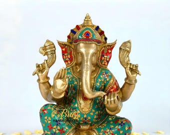 Brass Ganesha Statue with Mosaic Stonework - Good Luck Gift