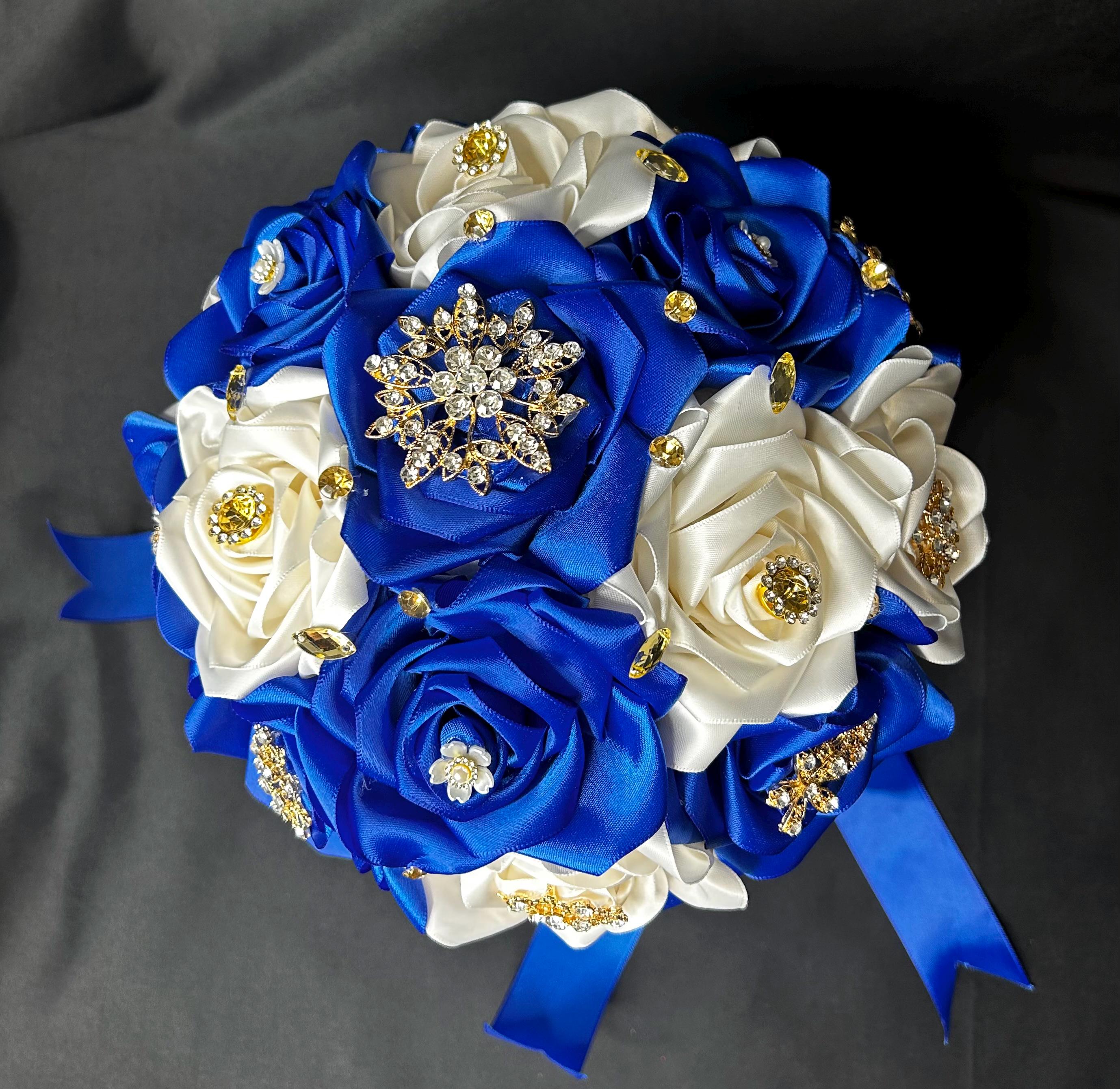 Royal Blue Bouquet Quince Ramo Sweet 16 Handmade Ribbon Roses Gold ...