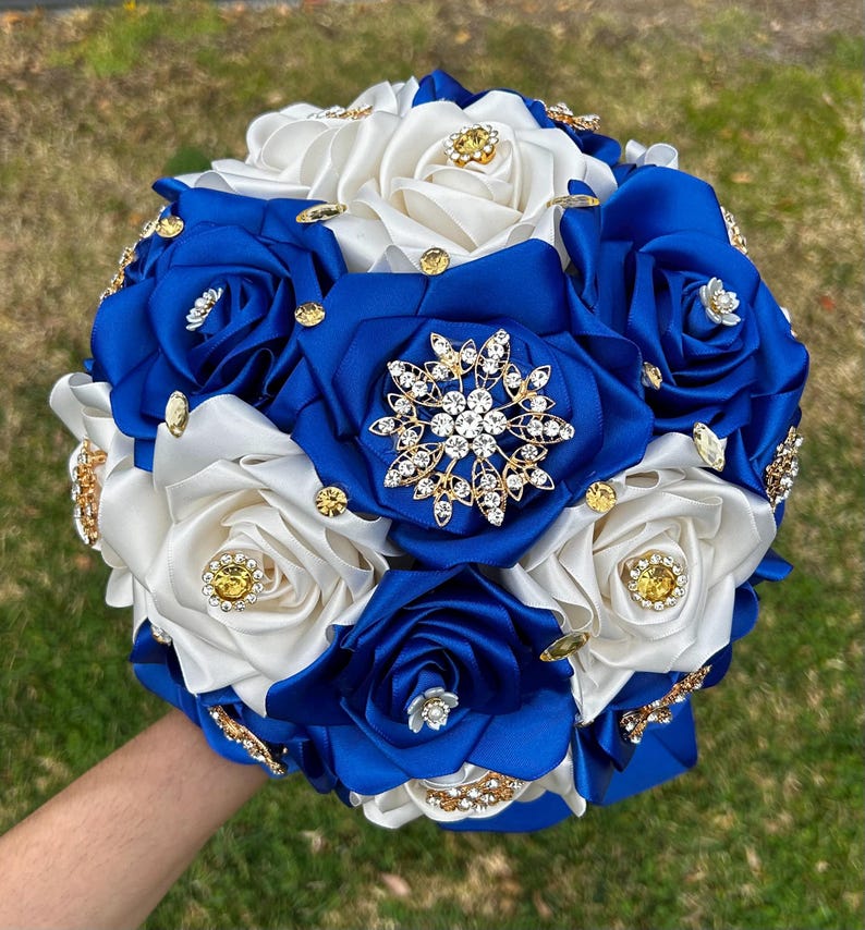 Royal Blue Bouquet Quince Ramo Sweet 16 Handmade Ribbon Roses Gold ...