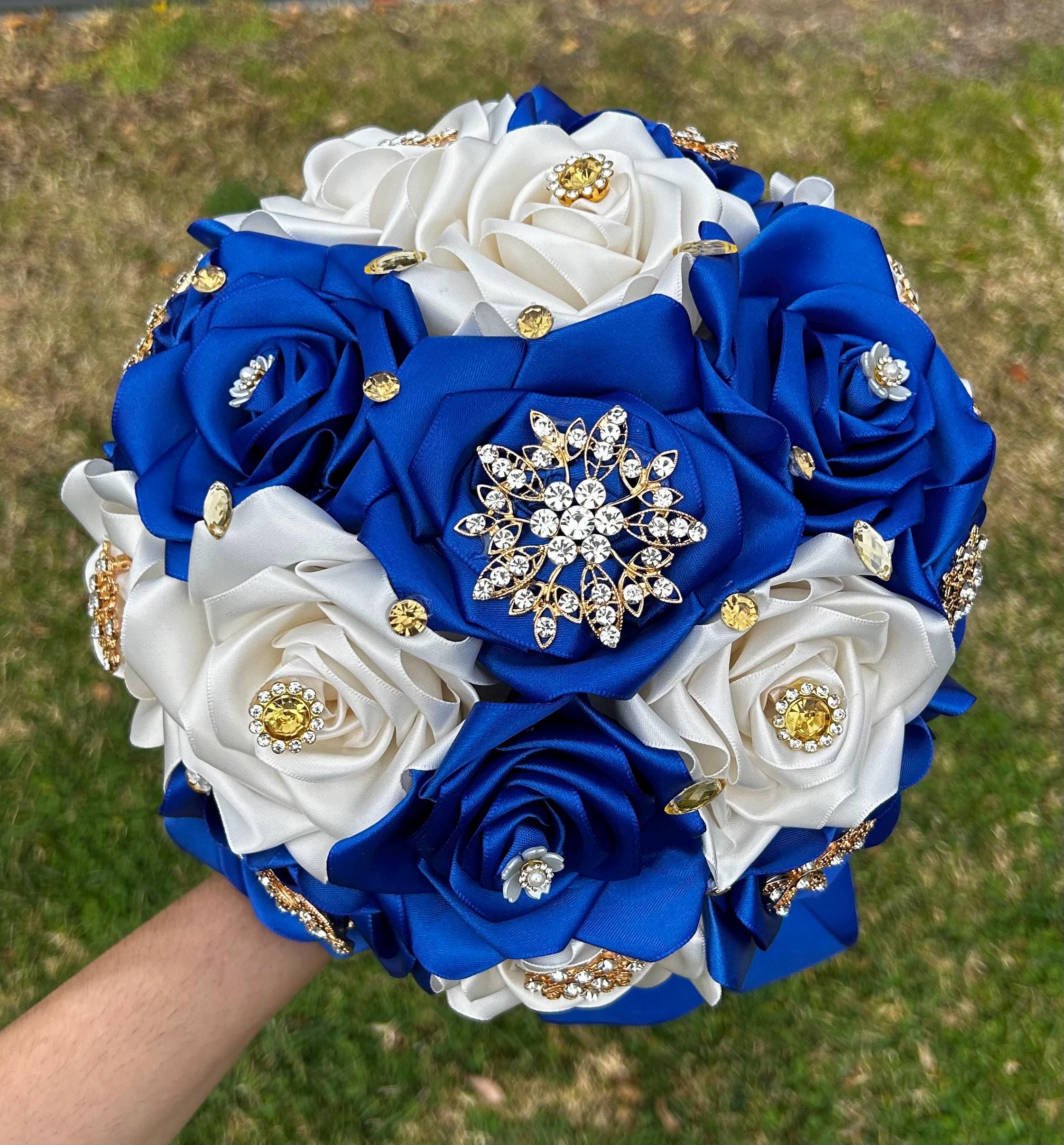 Royal Blue Bouquet Quince Ramo Sweet 16 Handmade Ribbon Roses Gold ...