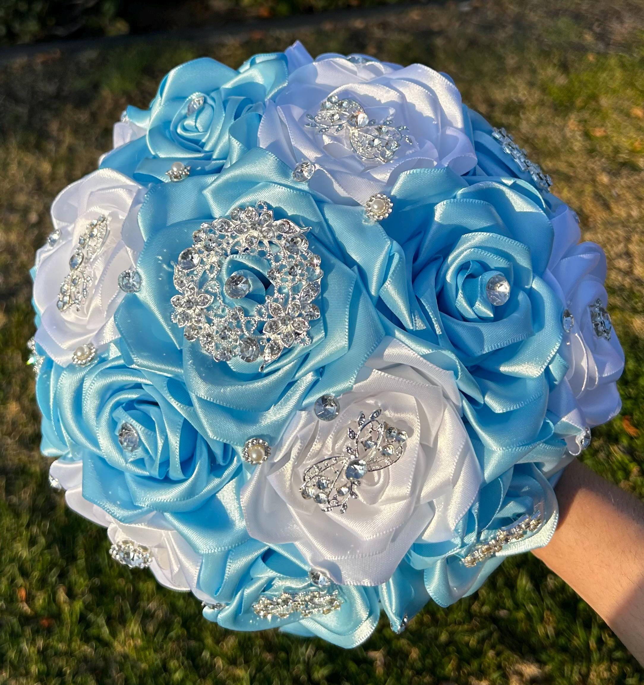 Baby Blue and White Rose Bouquet Handmade Satin Ribbon Flowers Silver ...