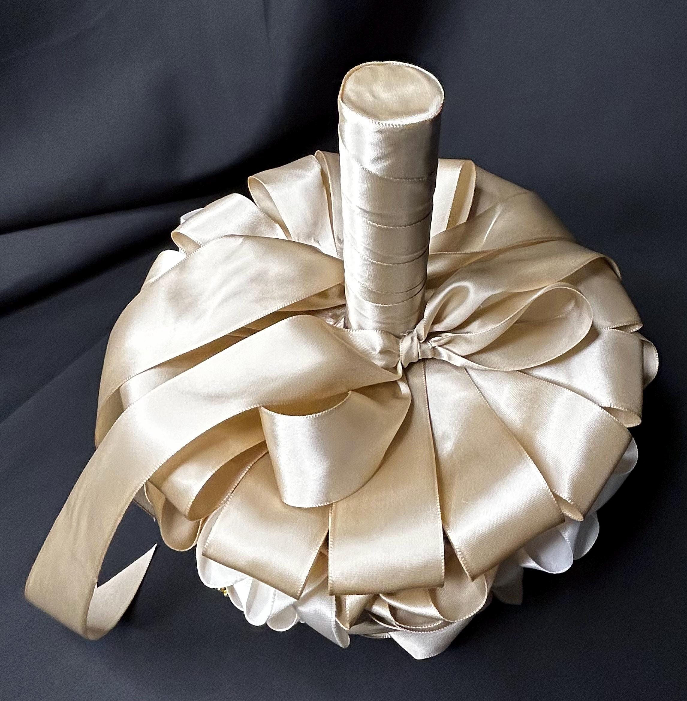 Champagne and Ivory Rose Bouquet Handmade Satin Ribbon Flower Ramo Gold ...
