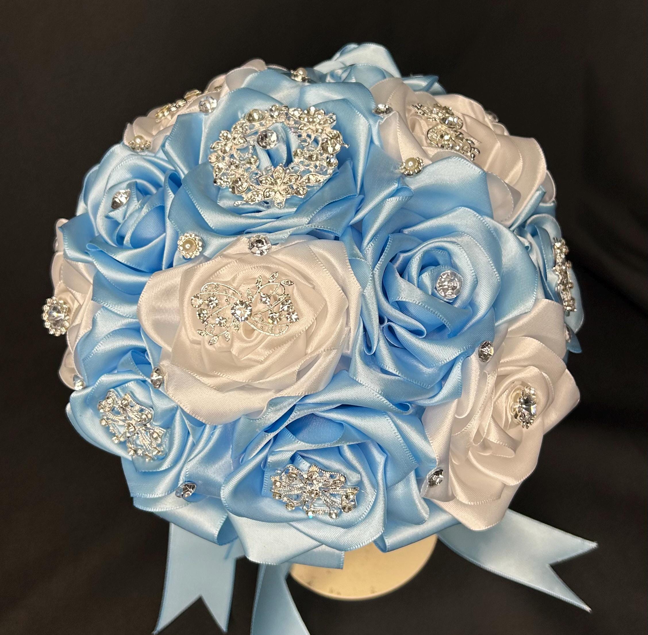 Baby Blue and White Rose Bouquet Handmade Satin Ribbon Flowers Silver ...