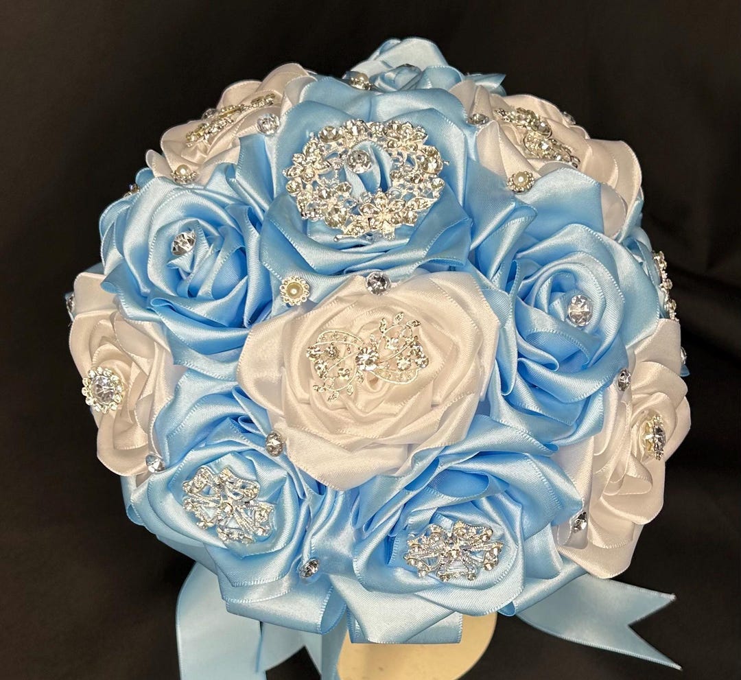 Baby Blue and White Rose Bouquet Handmade Satin Ribbon Flowers Silver ...