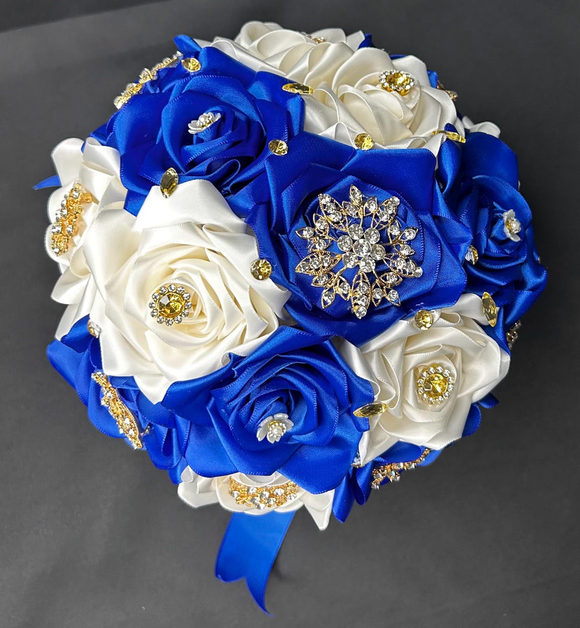 Royal Blue Bouquet Quince Ramo Sweet 16 Handmade Ribbon Roses Gold ...