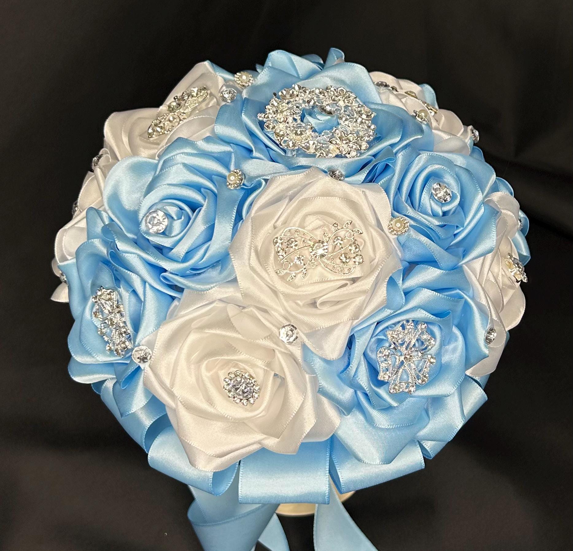 Baby Blue and White Rose Bouquet Handmade Satin Ribbon Flowers Silver ...