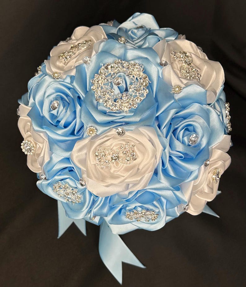 Baby Blue and White Rose Bouquet Handmade Satin Ribbon Flowers Silver ...