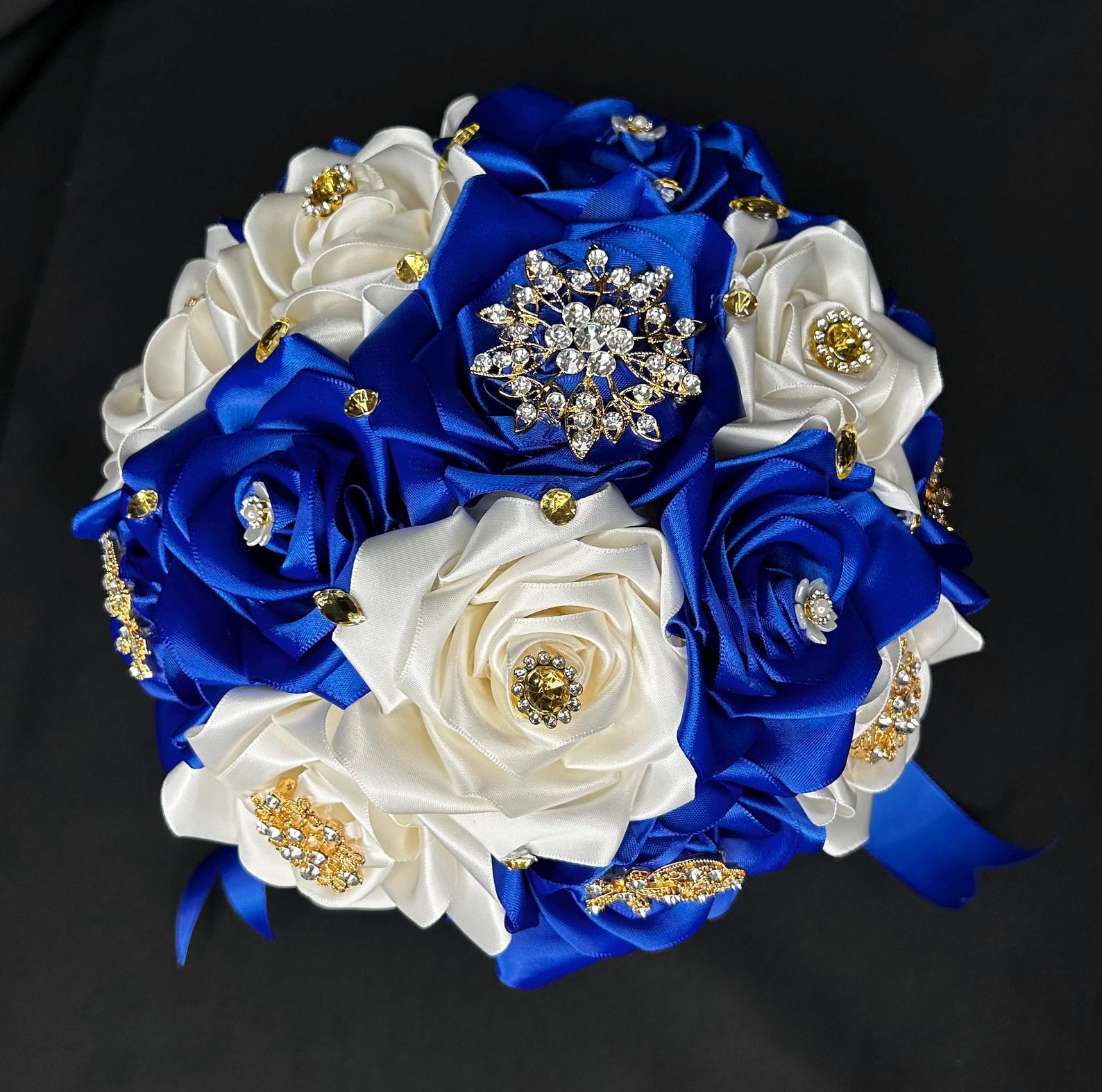 Royal Blue Bouquet Quince Ramo Sweet 16 Handmade Ribbon Roses Gold ...