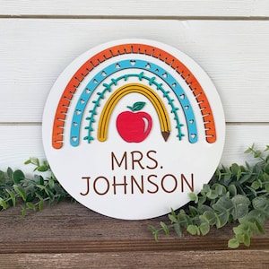 Personalized Teacher Gift, Teacher Door Sign, Classroom Door Hanger Teacher Appreciation Gift Personalized Teacher Sign Rainbow Teacher Sign
