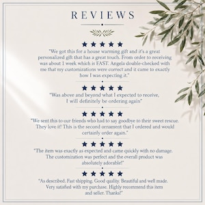 May include: A graphic display titled REVIEWS featuring five sets of five dark blue stars. Below each star rating are customer testimonials praising personalized gifts, fast delivery, and quality. The design includes a decorative leaf branch.