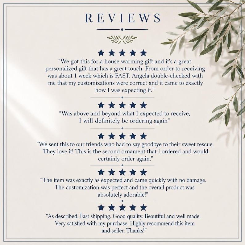 May include: A graphic display titled REVIEWS featuring five sets of five dark blue stars. Below each star rating are customer testimonials praising personalized gifts, fast delivery, and quality. The design includes a decorative leaf branch.