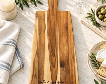 Engraved Cutting Board Personalized New Home Gift Family Name Charcuterie Board Custom Wedding Gift Teak Cheese Board Realtor Client Gift
