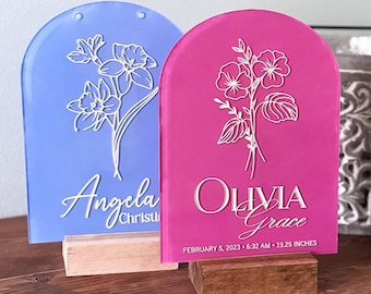 Personalized Birth Flower Nursery Sign Custom Acrylic Birth Stats Sign Name Sign for Kids Room Gift for Baby Shower Girls Room Floral Decor