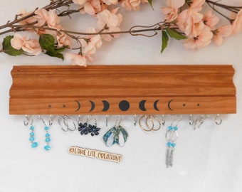 Celestial Wood Jewelry Organizer | Necklace and Earring Hanger, Moon Phases Wall Hanger, Jewelry Wood Hanger, Witchy Wood Art
