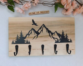 Mountain Scene Key Holder | Entryway Wall Hanger, Dog Leash, Mountain Wood Art, Five Key Holder, Ambrosia Maple