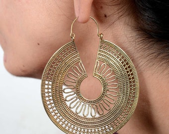 Mandala Earrings, Handmade Earrings, Boho Earrings, Big Hoop, Statement Earrings, Brass Earing, Bohemian Earrings, tribal Jewelry