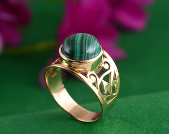 Oval Malachite Ring, Dainty Ring, Natural Gemstone Ring, Minimalist Ring For Her In 18k Gold Filled, Gold Ring, Boho Ring, Birthday Gift