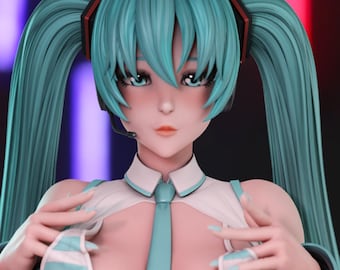 Könnte beinhalten: Eine 3D-gerenderte Anime-Figur mit langen, türkisfarbenen Zöpfen und einer passenden Krawatte. Die Figur trägt ein gestreiftes Bikini-Oberteil und passende Unterwäsche mit Oberschenkelstrümpfen. Der Hintergrund zeigt rote und violette Neonlichter.