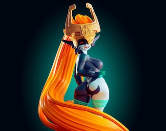 May include: A figurine of a female character with long orange hair, wearing a gold crown and a blue and green outfit. She is standing on a circular base with a green and purple design.