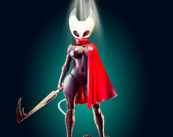 May include: A figurine of a character from the video game Hollow Knight. The character is wearing a red cape and a white mask with a black scarf. The figurine is holding a sword and is standing on a base with green and purple rocks.