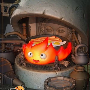 May include: A small, orange, fire spirit with a smiling face is cooking bacon and eggs in a pan. The spirit is sitting on a stone base with two small, wooden figures on either side. There is a wooden bucket with water in the foreground and a brown clay pot in the background.