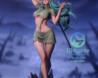 May include: A detailed 3D-printed figurine of a female character with teal hair and a skull headdress. She wears a tattered green outfit and stands on a rocky base. The image includes the 3Dmoonn logo and text indicating availability on Patreon.